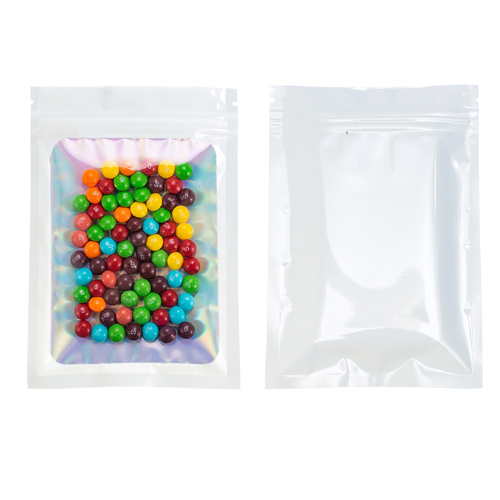 White Mylar Food Packaging Bags, Holographic Foil Snack Bags with Clear Window