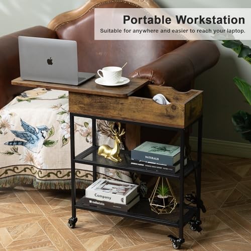 Narrow End Table with Charging Station & Rotating Top, Couch Rustic Brown