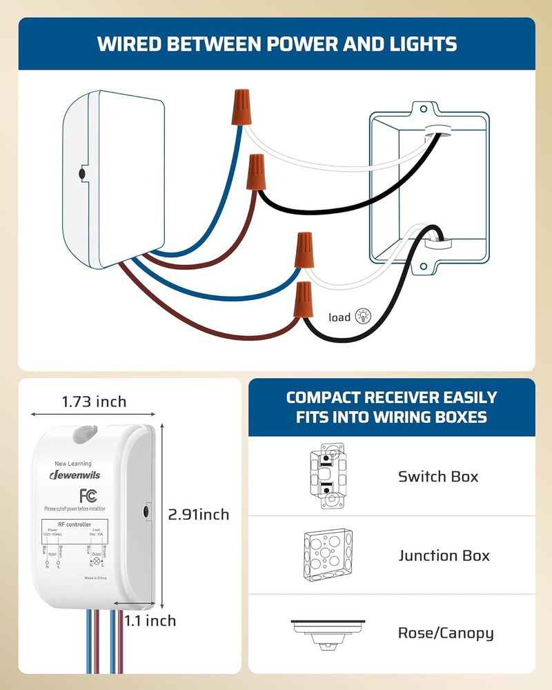 Wireless Light Switch Kit - 10A, Remote Control for Ceiling Lights, 100 Ft RF Ra