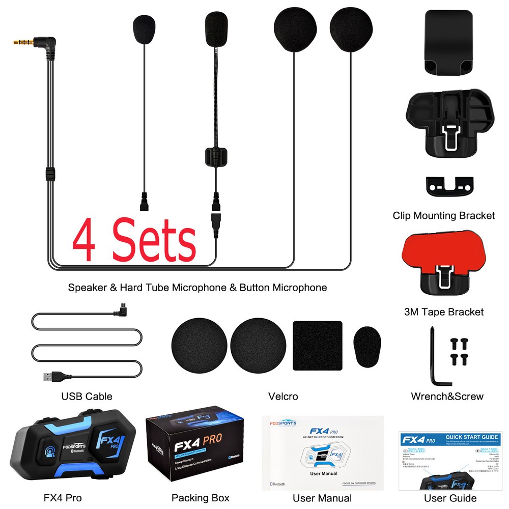 4X FX4 1KM Motorcycle Helmet Interphone 4Way Bluetooth Intercom Headset Wireless