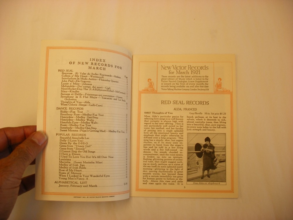 Original Victor Phonograph Record Catalog - March, 1921