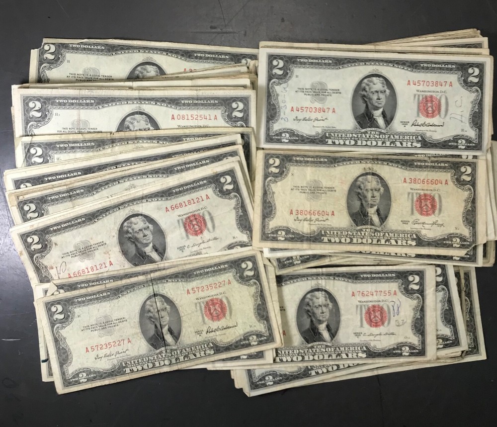 (LOT OF 50) Two Dollar Bill RED Seal Notes Randomly CULL Problem Notes