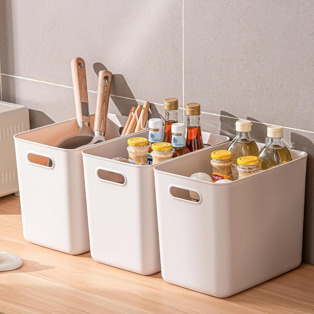 6 Piece Plastic Storage Baskets Boxes with Lids,14.4x10.2x11.8 inch Stackable...