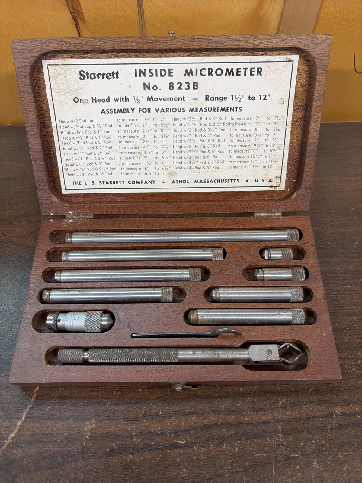 Vtg Starrett 823B Inside Micrometer 1-1/2"-12" w/ Wood Case Machinist Inspection