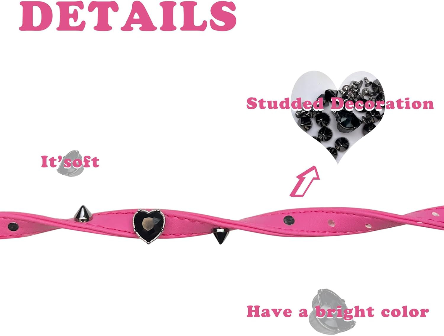 Spiked Cat Collar with Bell and Safety Belt, PU Leather Kitten Collar with Heart