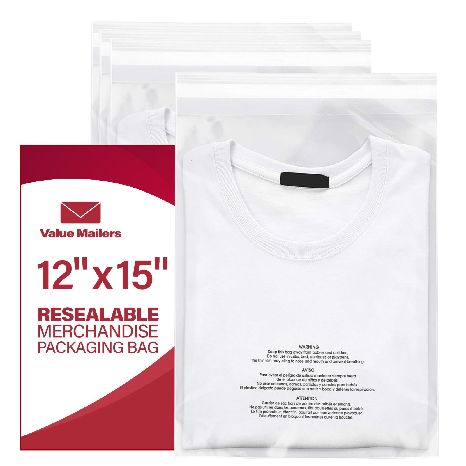 500 12x15 Poly Bags Resealable Suffocation Warning Clear Merchandise 1.5 mil