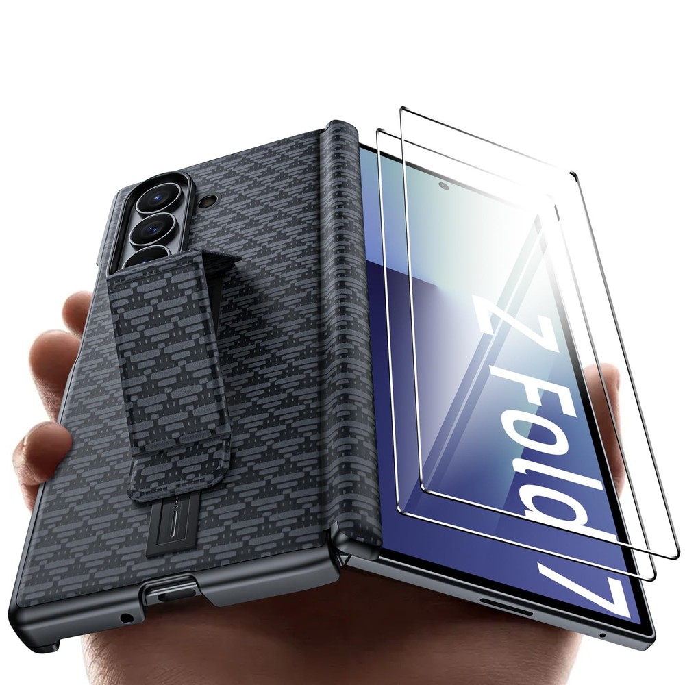 Vizvera Galaxy Z Fold 7 Leather Case Screen Protector 2 Pack Hinge Shockproof Bl