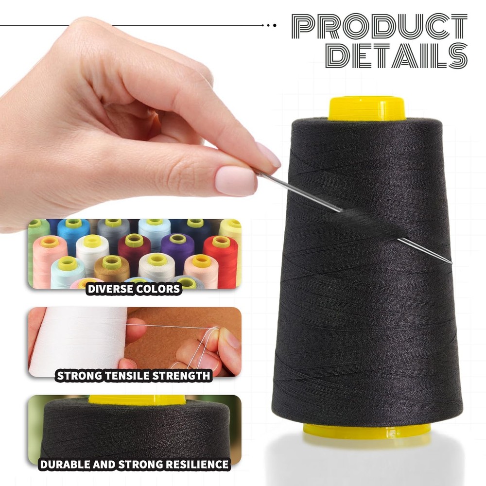 4-Pack Black Polyester Sewing Thread Cones 12000 Yards Total Serger