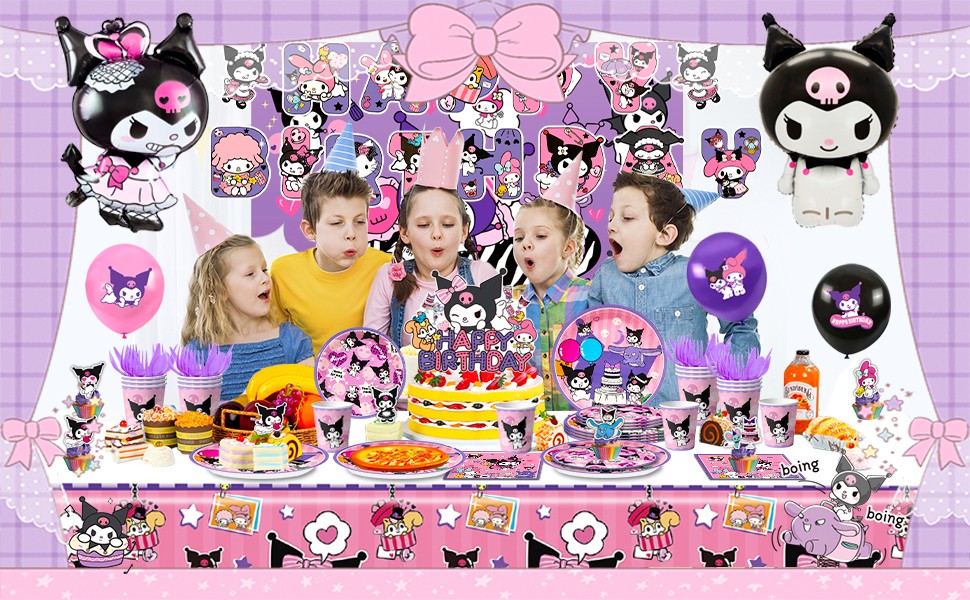 114 Pcs Kuromi Party Decorations Sanrio Birthday Party Plates Balloons Backdrop