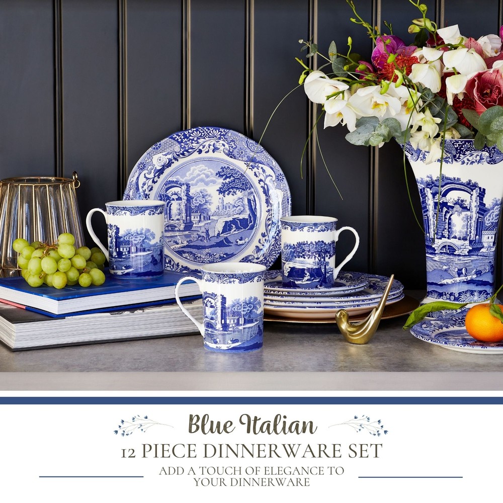 Spode Blue Italian Collection 12 Piece Dinnerware Set, Fine Earthenware