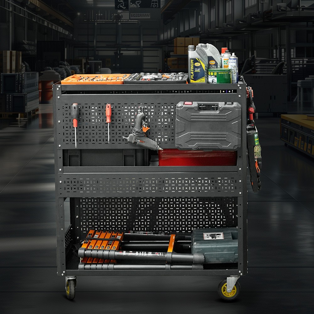 Steel Pegboard Foldable Rolling Tool Cart +Wheels Garage Organizer Tool Storage