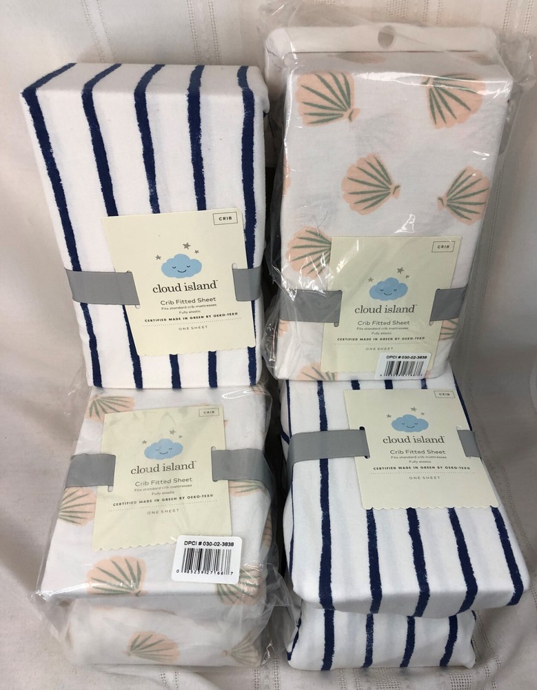 Cloud Island Crib Fitted Sheets Seashells + Navy Blue Vertical Striped x4