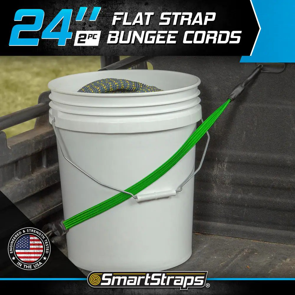 24 In. Green Flat Strap Bungee Cord with Hooks - 2 Pack