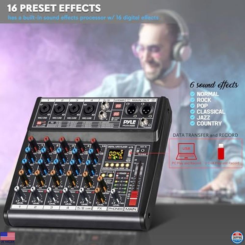 Pyle PMX466 Bluetooth DJ Mixer - 6-Channel, 16 DSP Effects, USB, 4 XLR Inputs