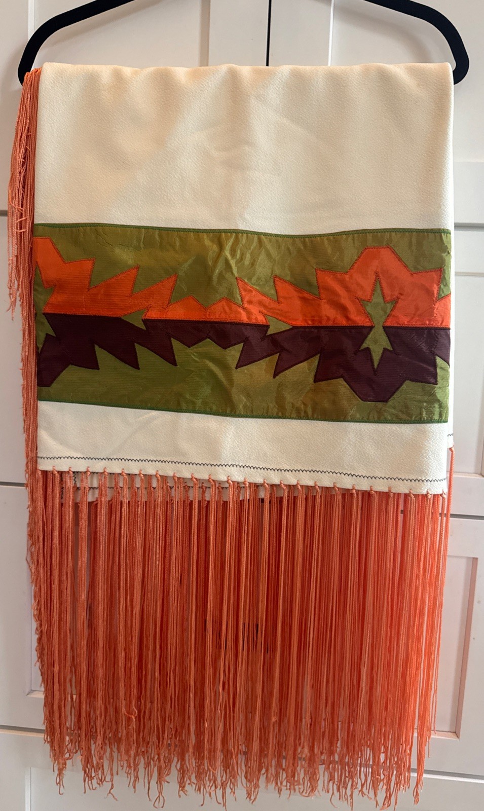 Native American Dance Shawl Knotted Fringe Orange,Brown,Green Ribbon  60x61