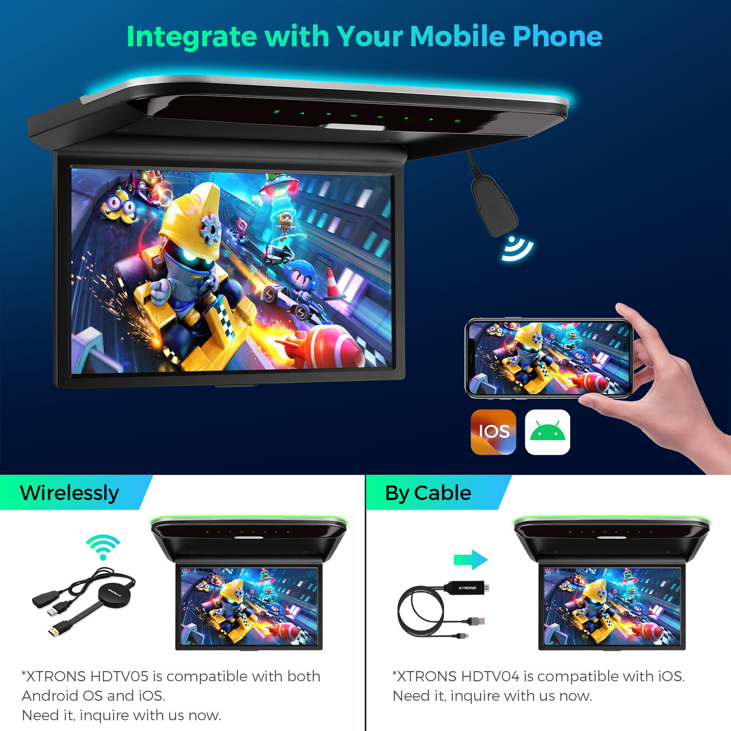 14" FHD Car TV Roof Flip Down Monitor 1080P Video Stereo Speakers HDMI AV-IN FM