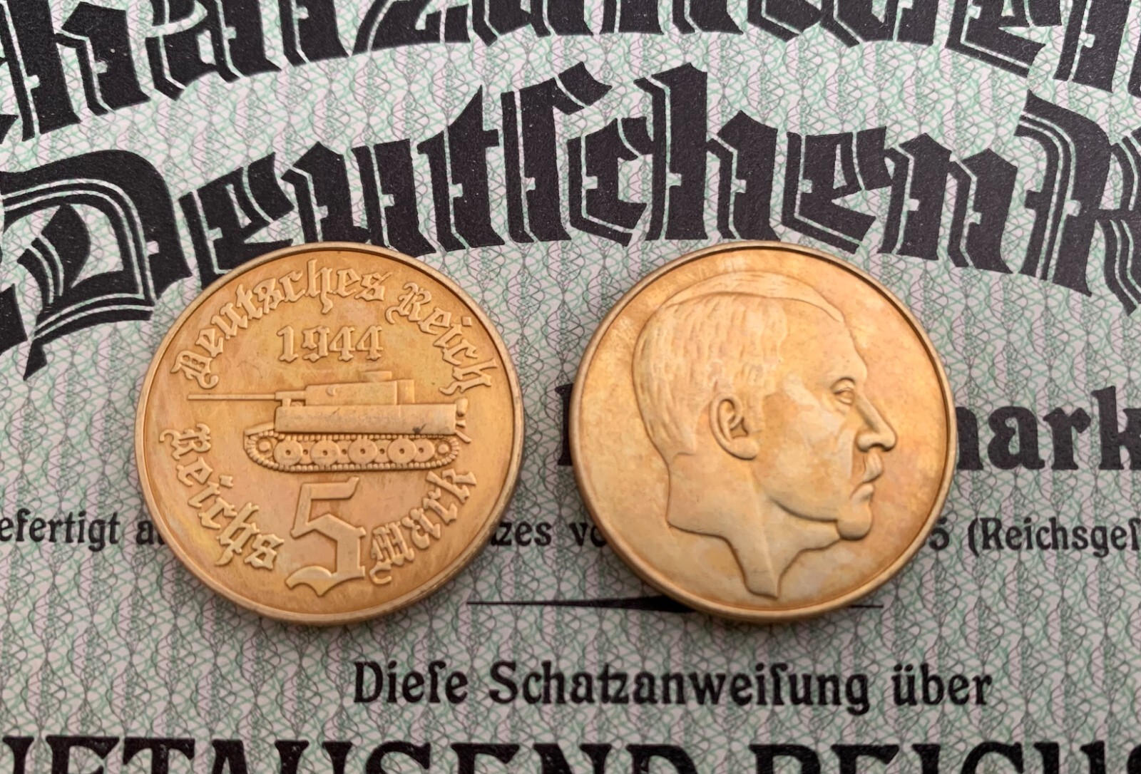 5 MARK GERMAN COIN HITLER PANZER TANK  SWASTIKA NAZI FUHRER  WW2  REICHSMARK