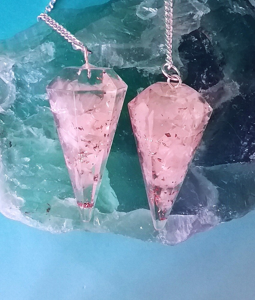 ROSE QUARTZ DOWSING PENDULUM, Orgone ROSE QUARTZ CRYSTAL PENDULUM & POUCH