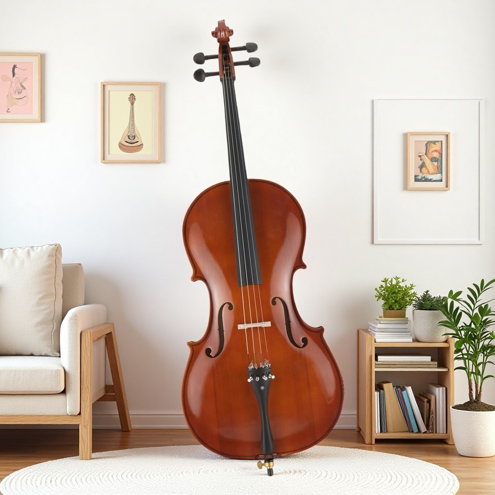 4/4 Full Size Solid Spruce Top Beginner Acoustic Cello Set - Bag Natural Bow