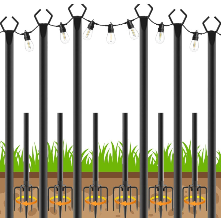 6 Pack 10ft Outdoor String Light Poles, Rustproof, Adjustable, with Hooks & Deck