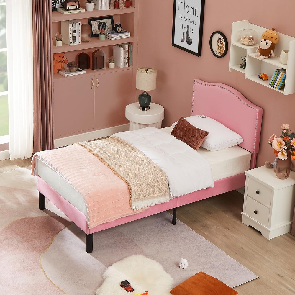 Twin Bed Frame, Platform Bed Frame with Adjustable Height Upholstered Headboa...