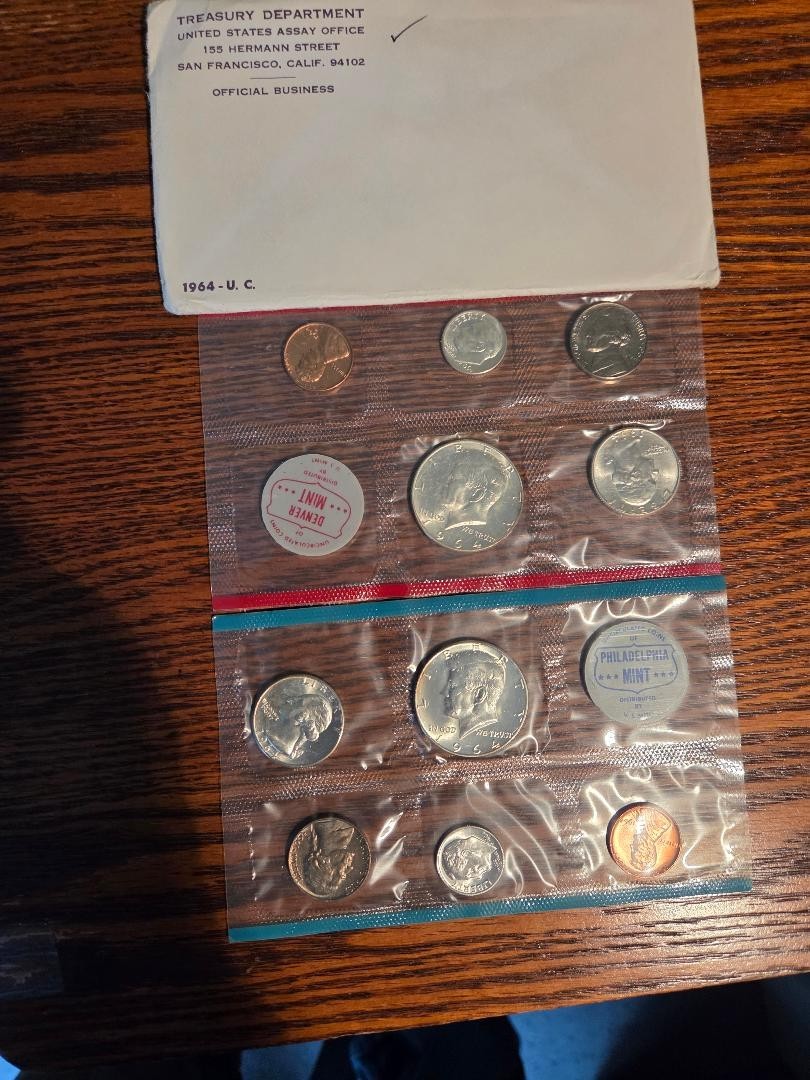 1964 P & D US Mint Set Uncirculated 10 Coins w/ 90% Silver OGP Envelope