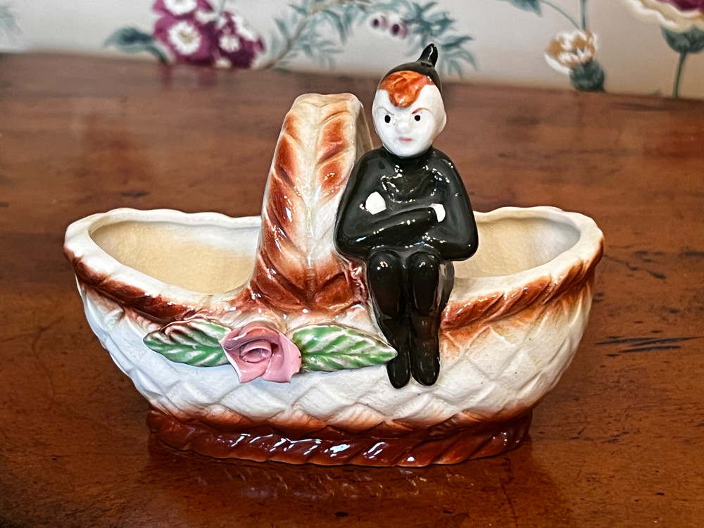 Vintage MCM Springtime Pixie Elf Ceramic Basket Planter Japan