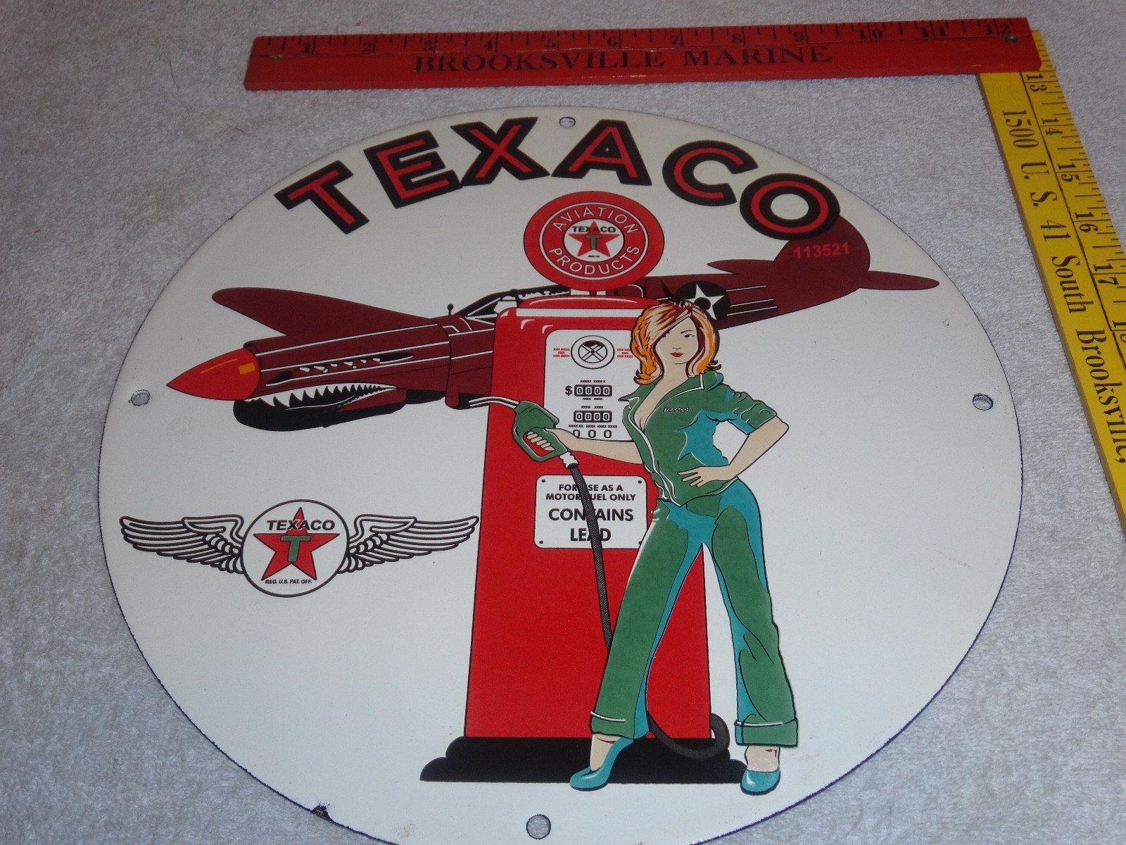 VINTAGE TEXACO AVIATION FEMALE MODEL WW2 AIRPLANE 11 3/4" PORCELAIN GAS OIL SIGN