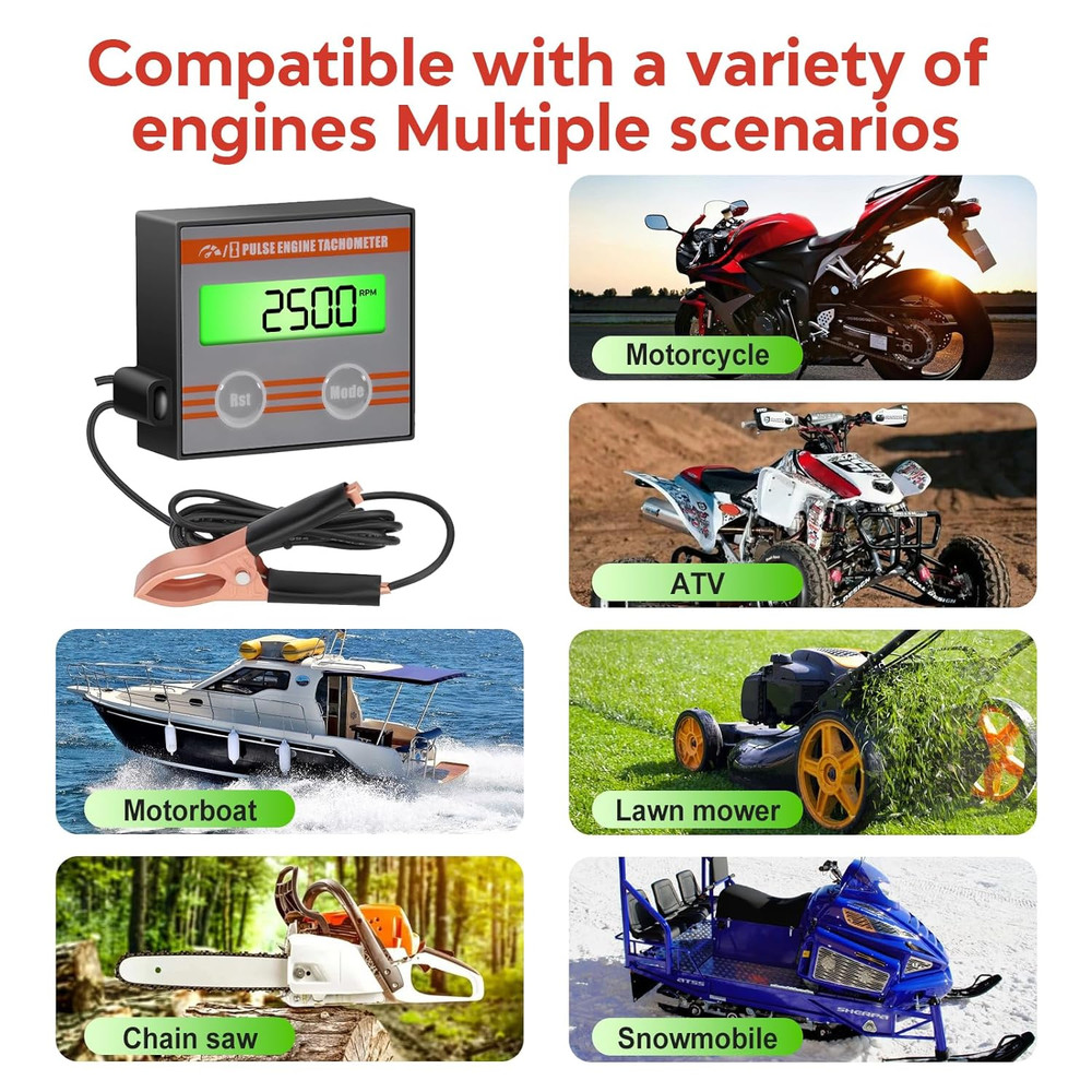 Digital Engine Tachometer Inductive with Clip - Mini Tach Gauge with Hour Meter