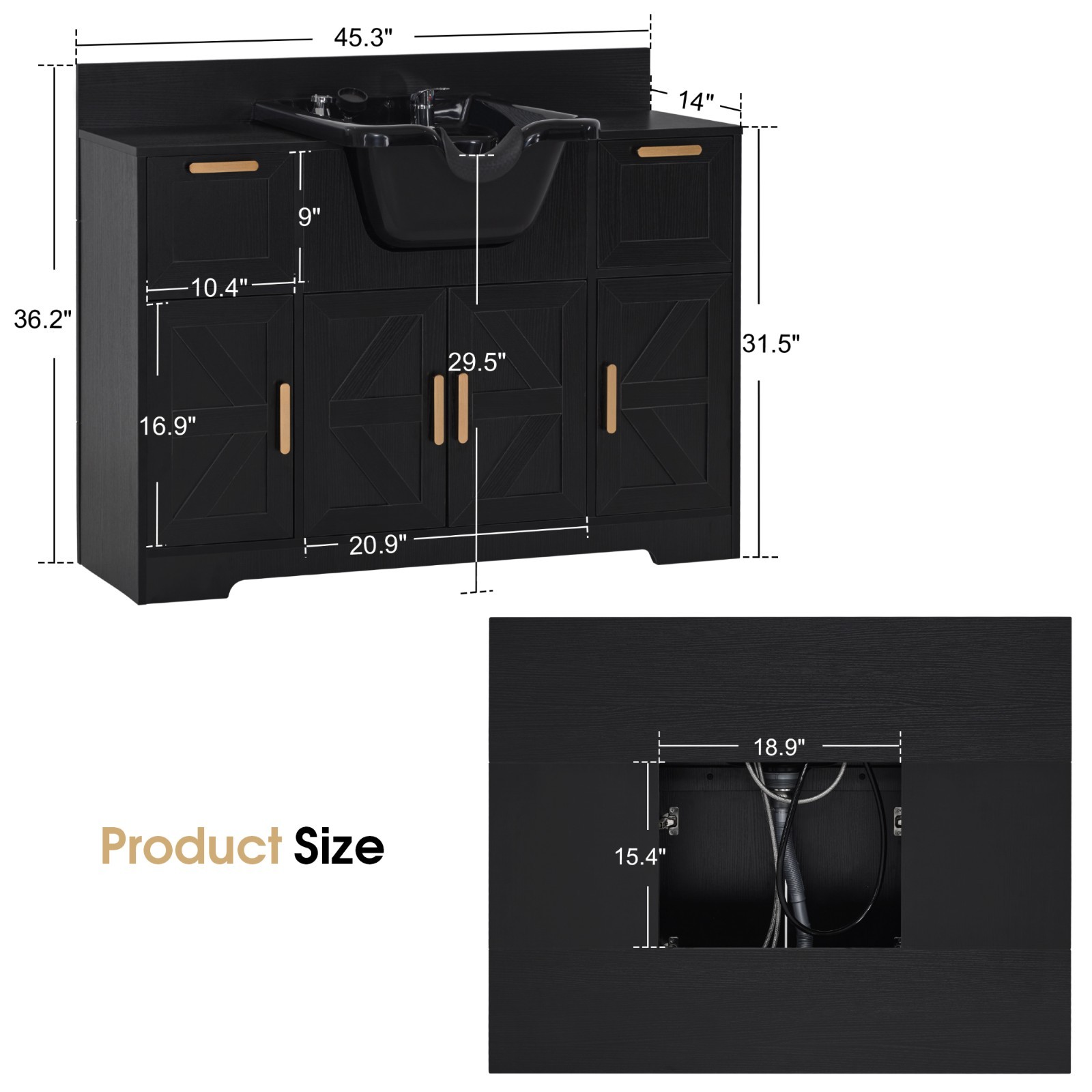 BarberPub Shampoo Station, Barber Cabinet with Hair Wash Backwash Sink 7137