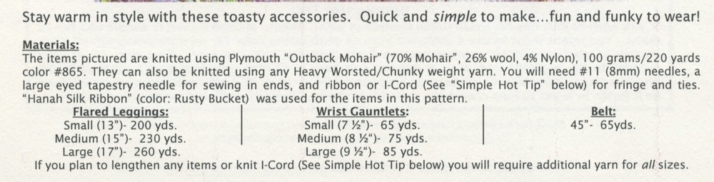 Keep It Simple Knitting Pattern #KS129 Flared Leggings, Wrist Gauntlets & Belt