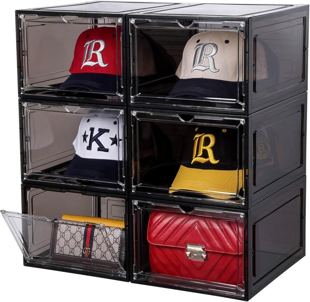 Stylish Clear Black Hat Organizer – 6 Stackable Boxes with Magnetic Closure
