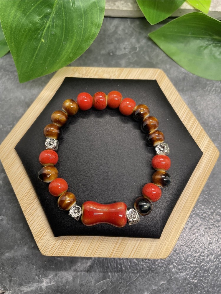 Handmade Ceramic Bead Beaded Stackable 6” Plus Stretch Bracelet New B295