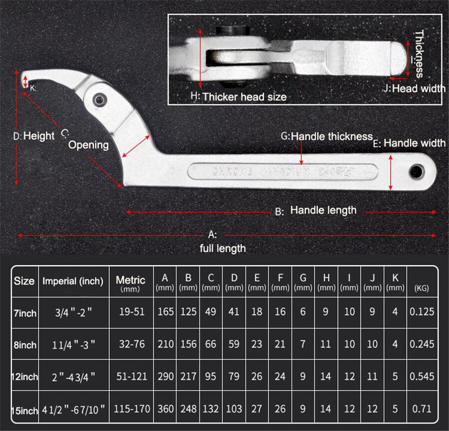 Adjustable Hook Wrench C Spanner Tool 19mm–51mm For Motorcycle Spring Bearing
