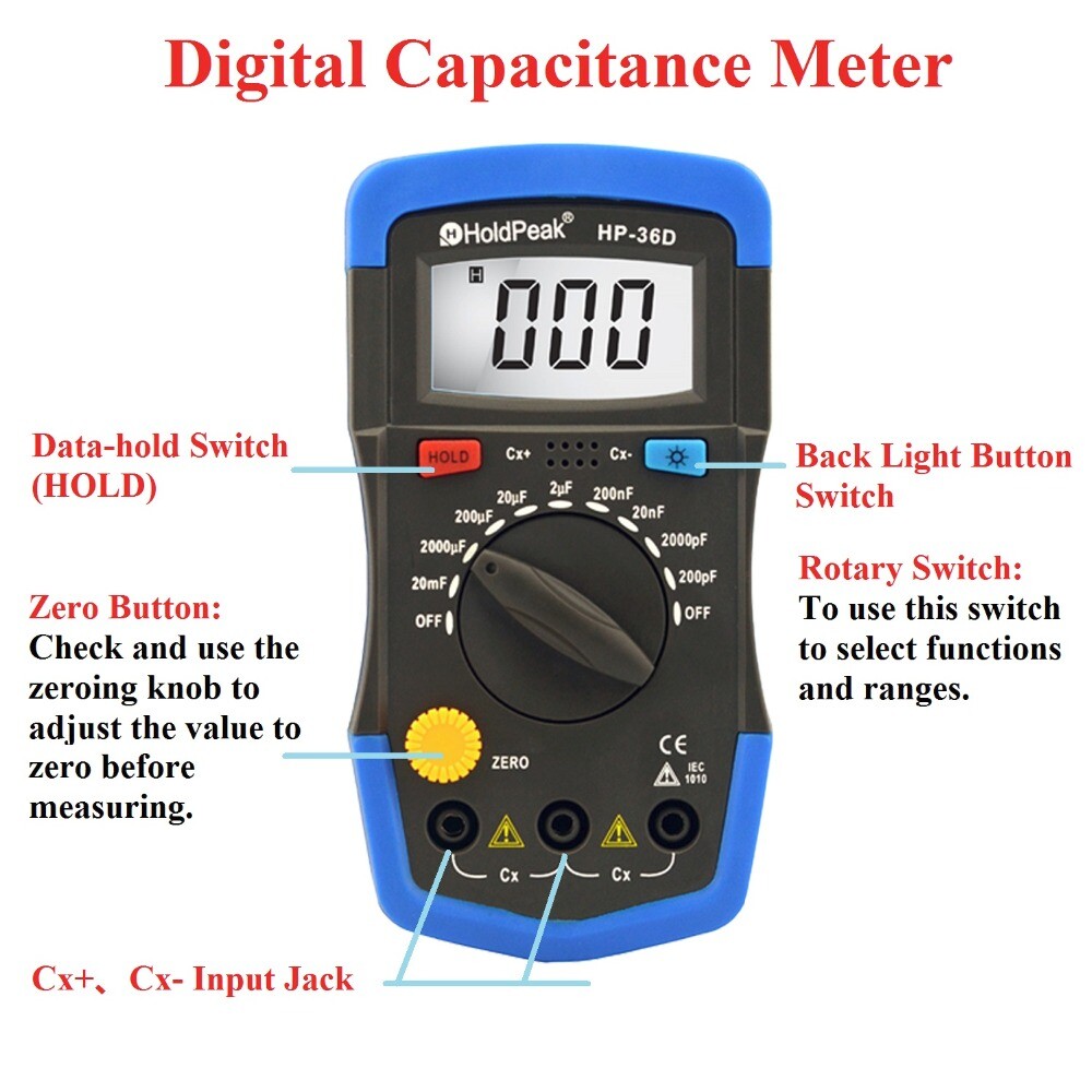 Handheld Capacitor Tester Digital Mini Capacitance Meter Data Hold 200pF-20mF