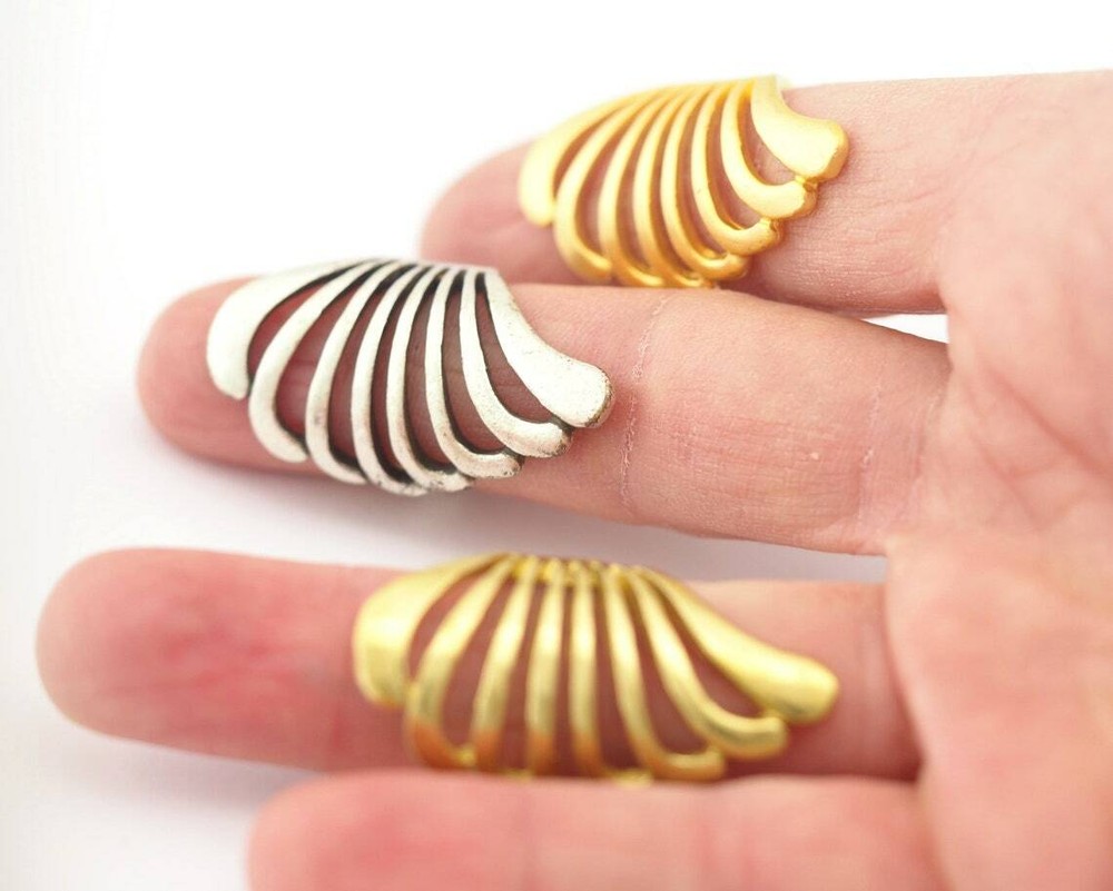 Feather wing Ring Statement Adjustable Raw Brass-Antique silver-Gold plated 3211