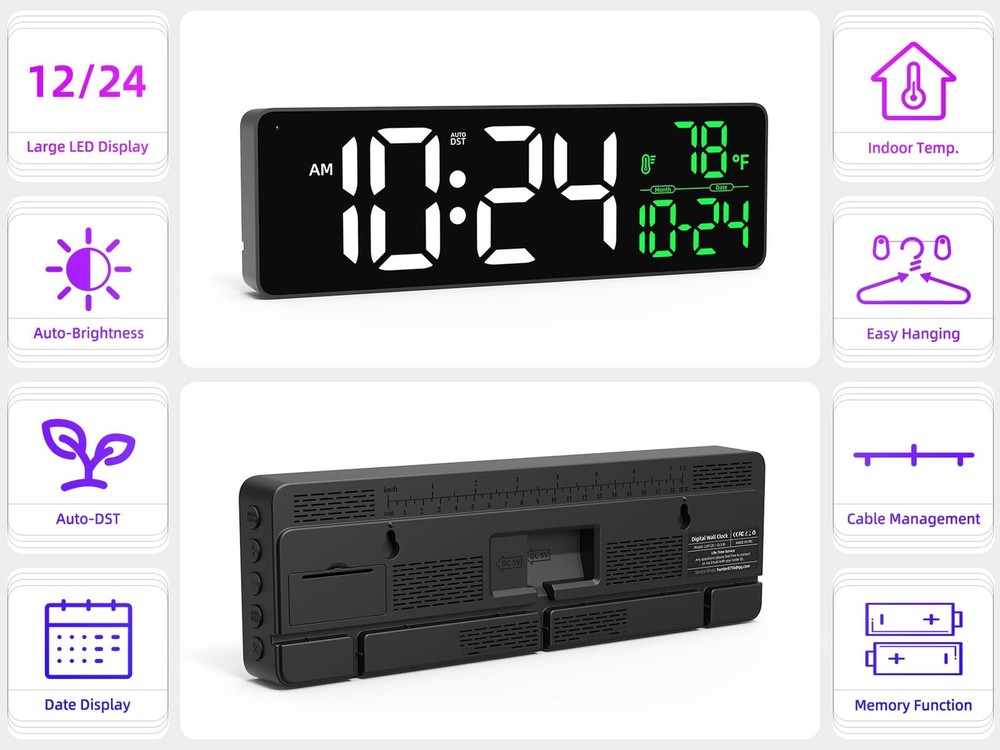 Large LED Digital Wall Clock with Date, Temperature, Auto-Brightness, Auto-DS...