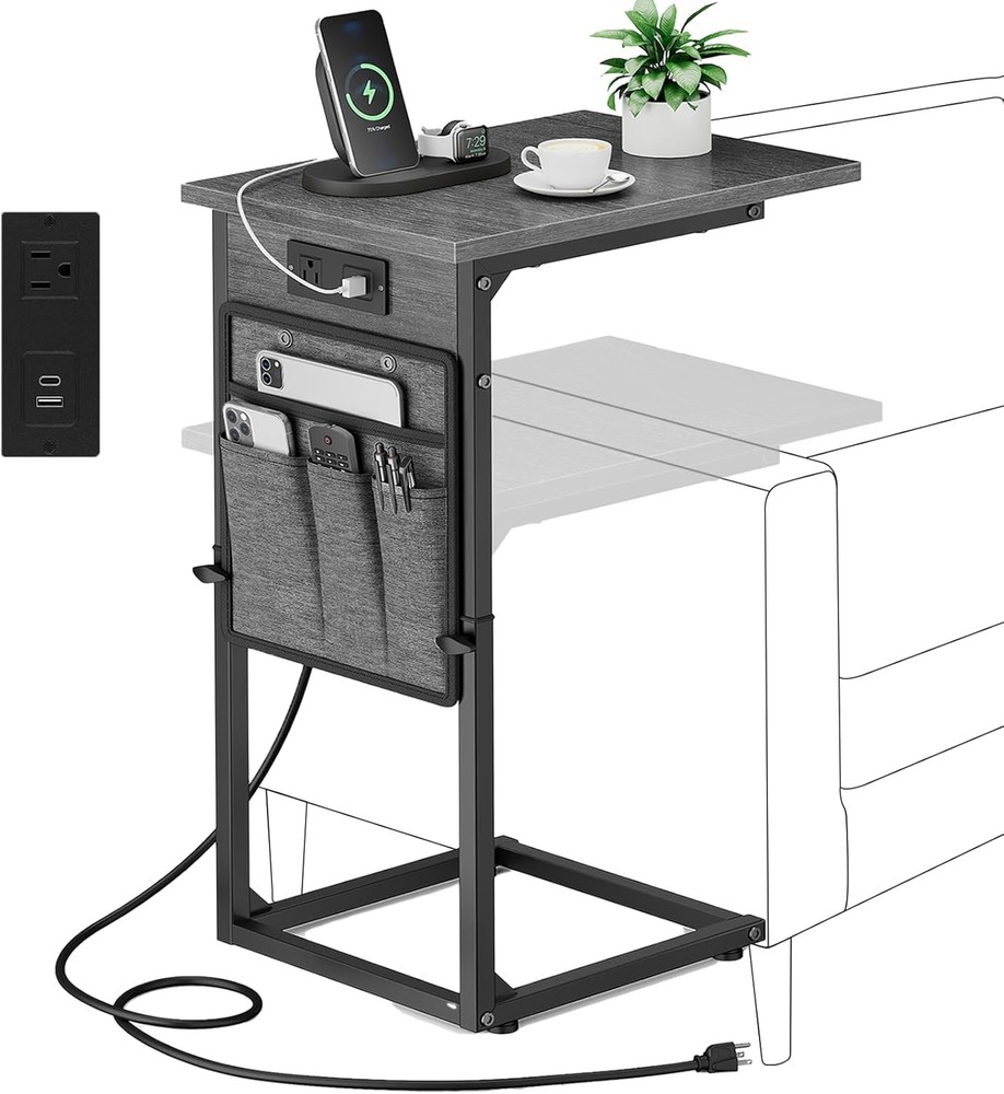 End Table W/ Charging Station Adjustable Height Side Table Couch Small C Shaped