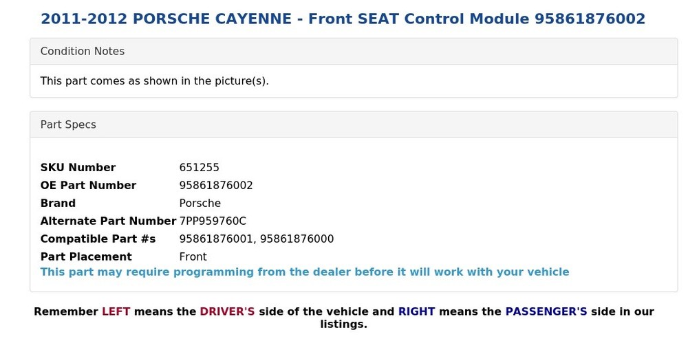 2011-2012 PORSCHE CAYENNE - Front SEAT Control Module 95861876002