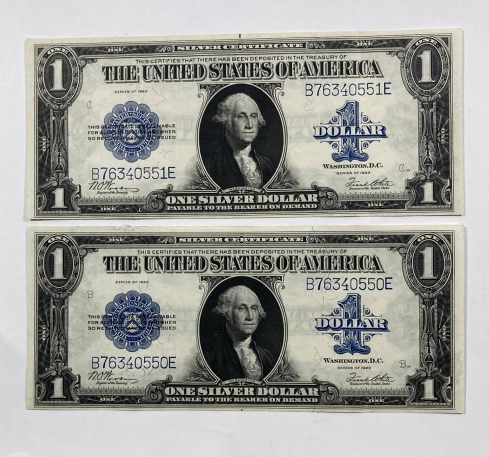2 Consecutive Serial #'s 1923 Large Size Silver Certs. Choice.