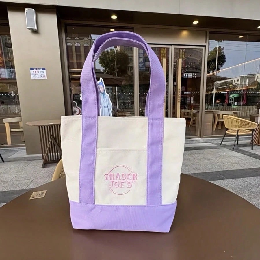 Set of 4 Trader Joe's Mini Canvas Tote Bags Blue Red Yellow Navy Limited Edition