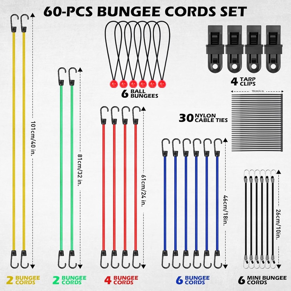 Multi-Purpose Bungee Cords - 60 Assorted Cords for Cargo & Outdoor Tasks