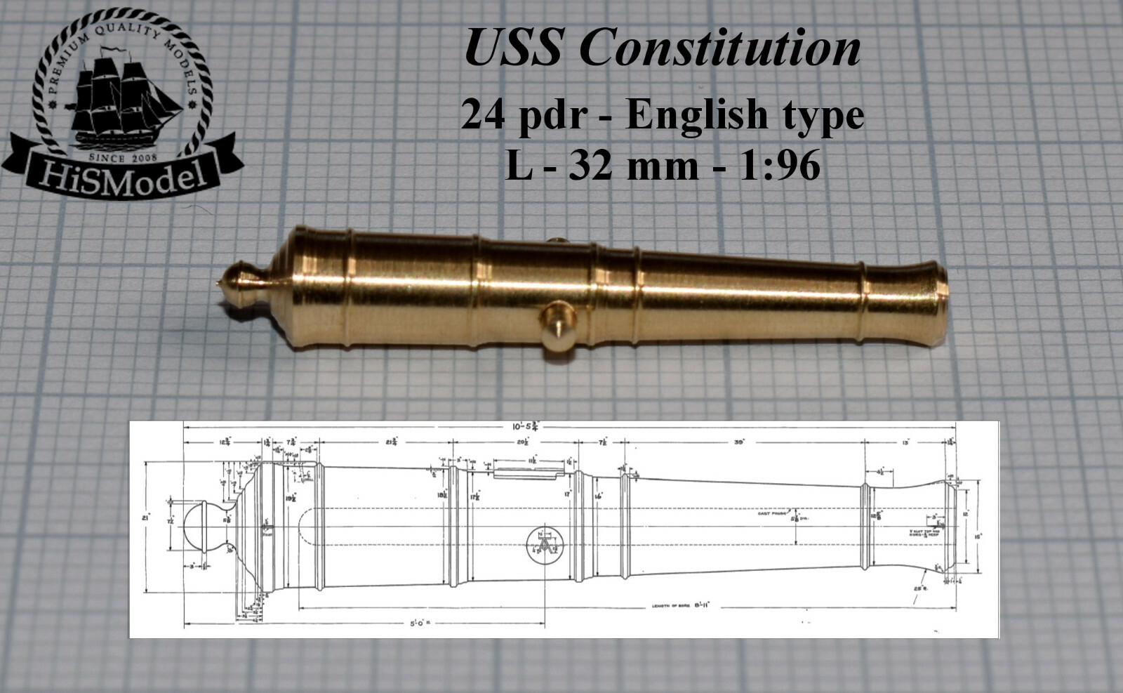 Revell USS Constitution, United States 1:96 - complete set of 53 brass cannons