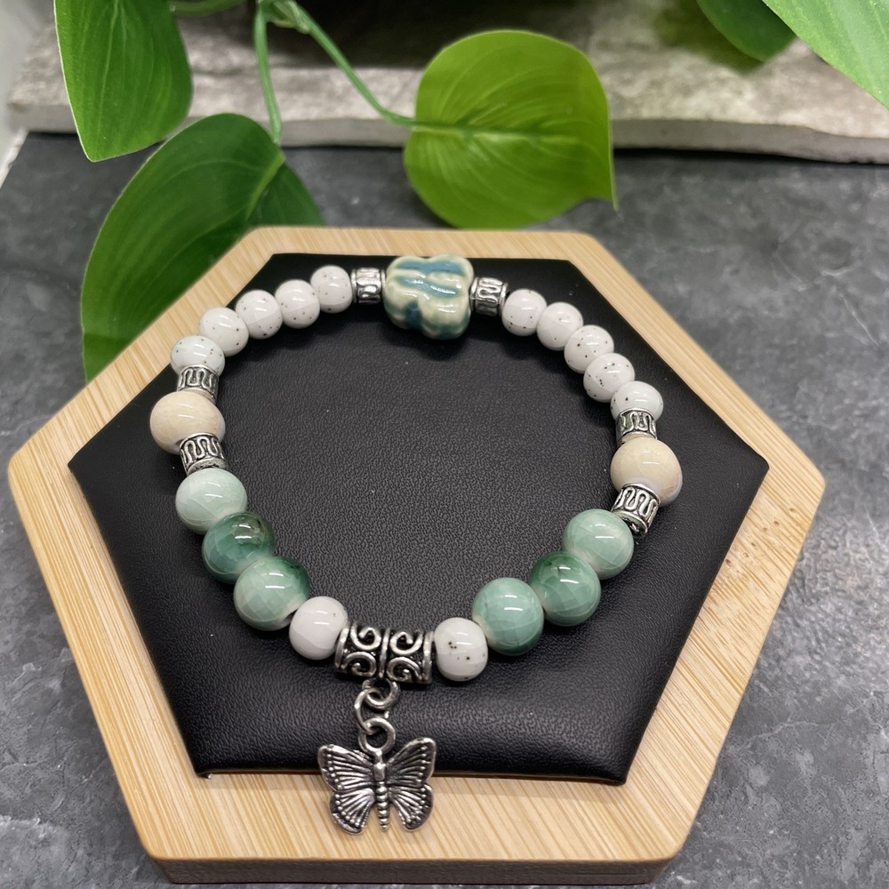 Handmade Ceramic Bead Beaded Stackable 6.5” Plus Stretch Bracelet New B414
