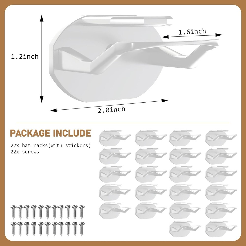 22 Pack Adhesive Hat Hooks for Wall, Super Strong Rack Baseball White