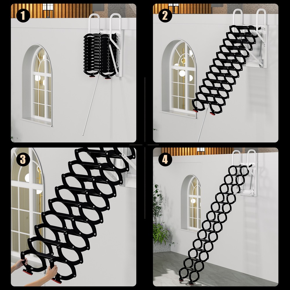 Wall Mounted Folding Ladder Black Loft Attic Stairs Pull down 12 Steps👍