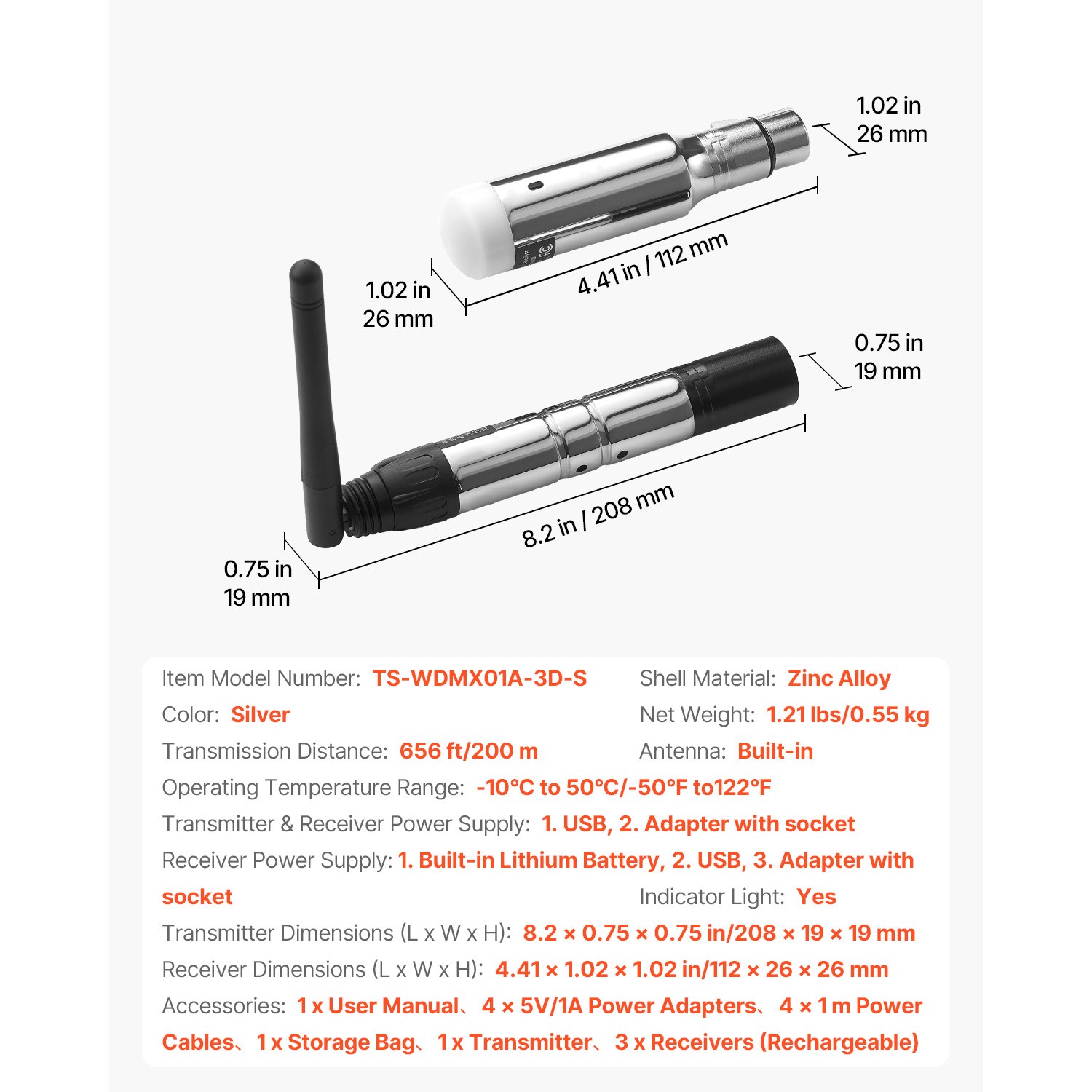 DMX Wireless Receiver Transmitter Rechargeable Battery Stage Light 4 PCs Silver