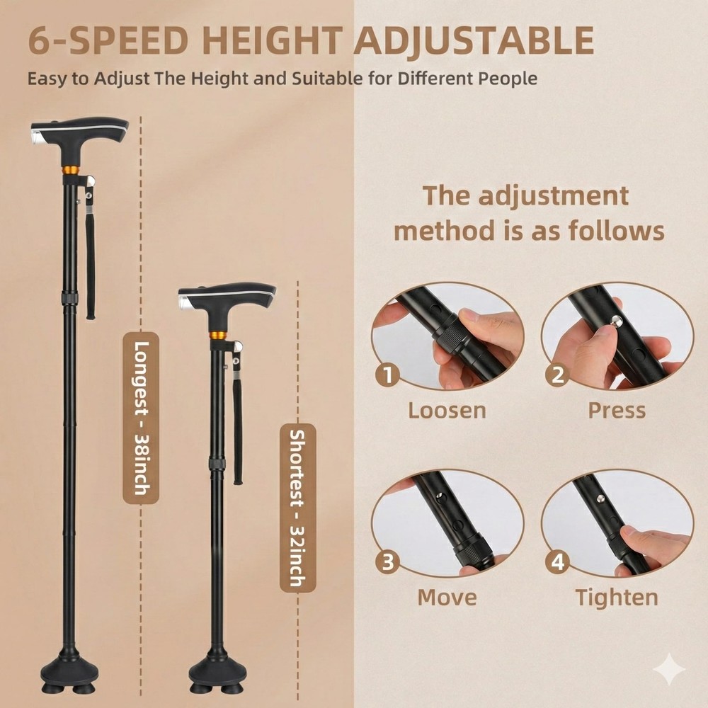 Walking Cane with Light - Foldable, Adjustable, Collapsible, Standing Cane, P...