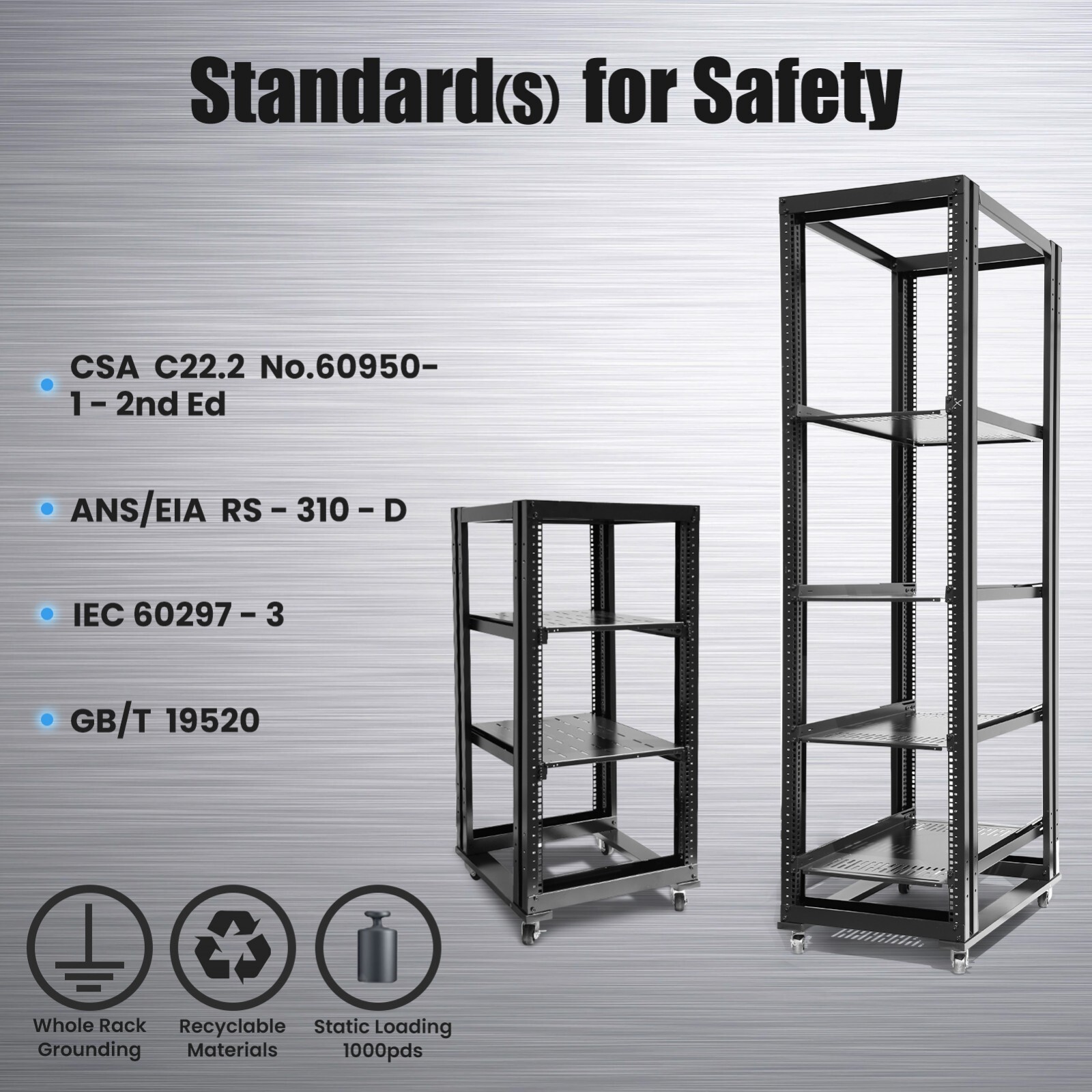 15U 4 Post Open Frame 19" Server Steel Rack 24" Deep With Supporting rails