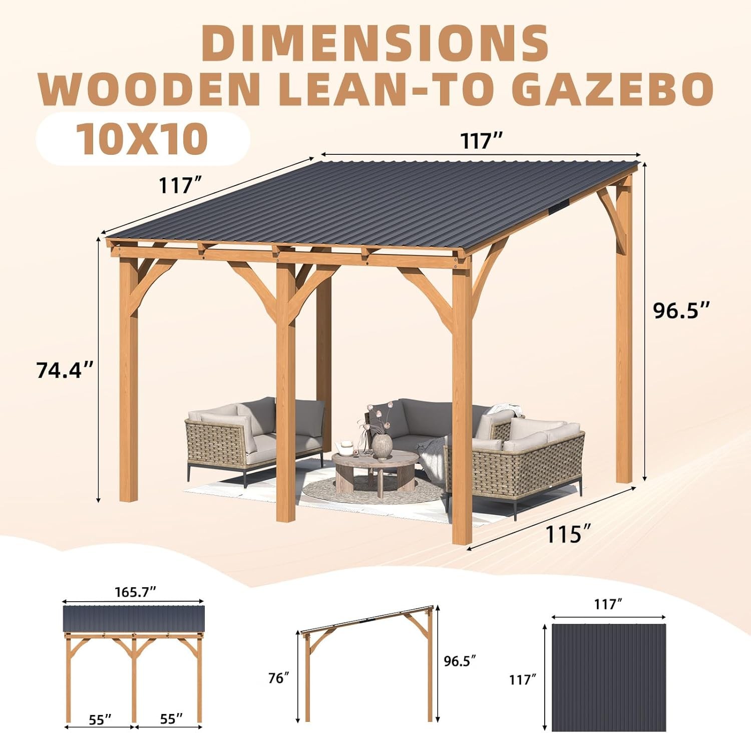 Outdoor Wood Gazebo for Patio, Outdoor Lean to Hardtop Cedar Pergolas/Gazebos
